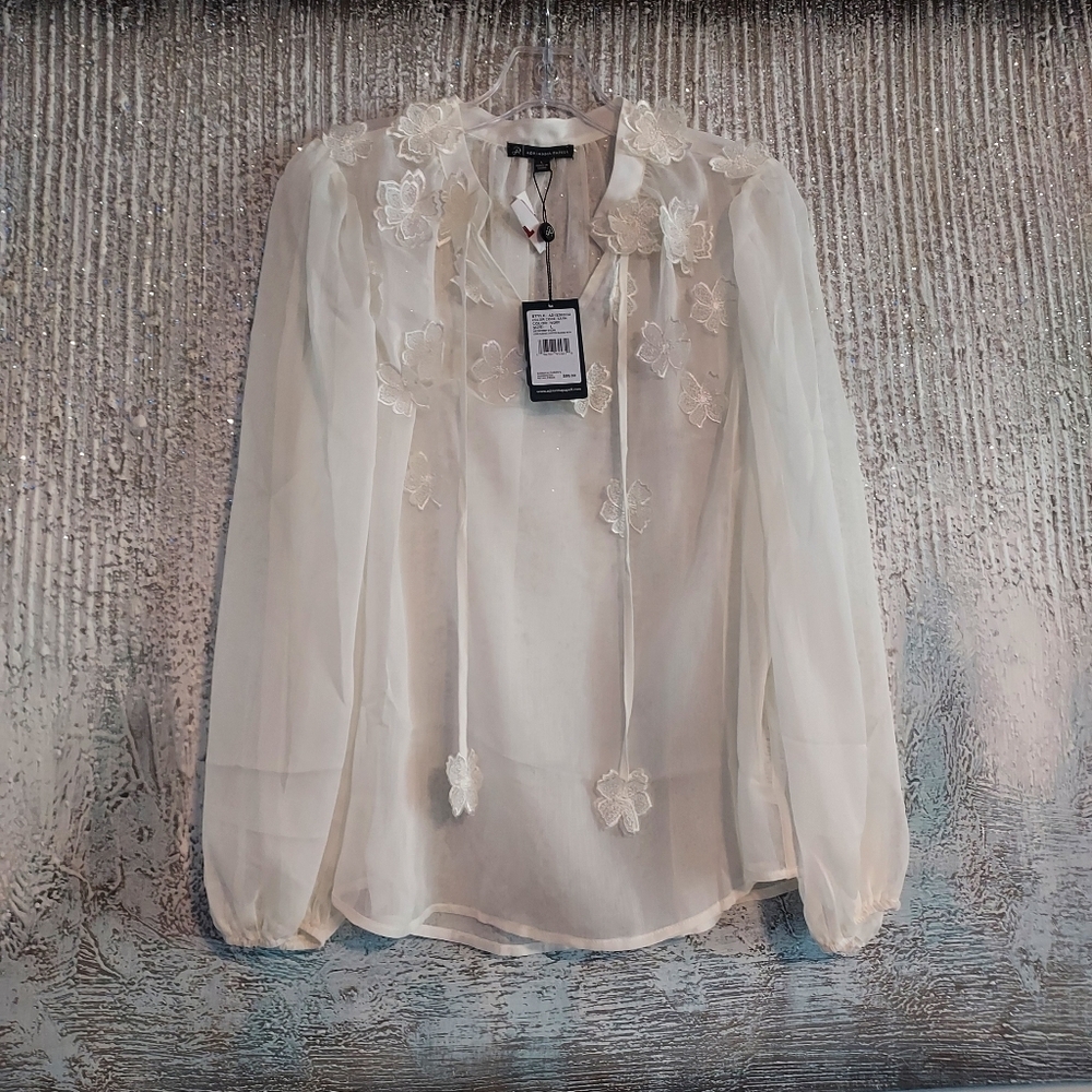 Adrianna Papell Floral Embroidered Chiffon Semi-Sheer Blouse Sz-L - Picture 7 of 8